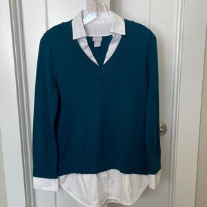 Teal V-Neck Sweater with White Cotton Oxford Accent